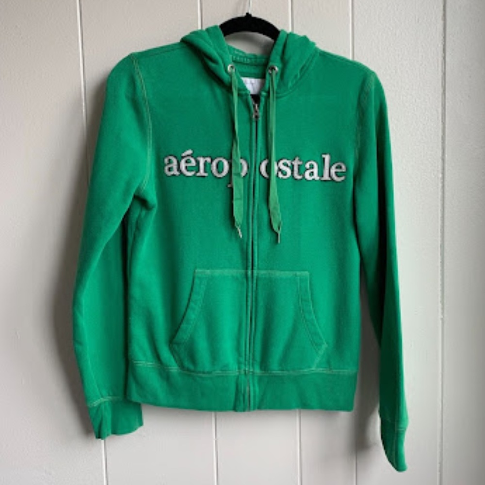 Aeropostale Green, Silver & Gray Stitched Aerie Logo Zip-Up Hoodie